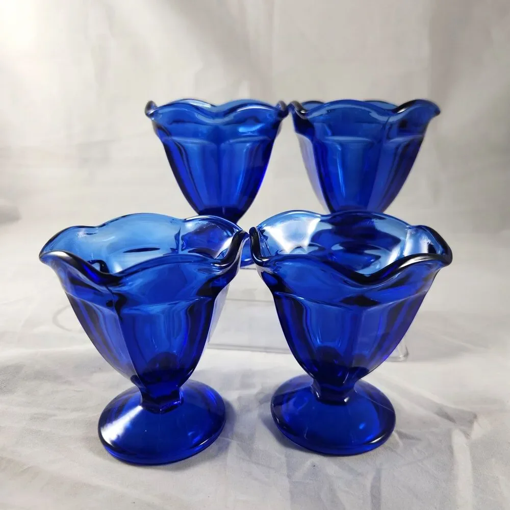 Set of 4 Anchor Hocking Cobalt Blue Glass Sherbert Dessert Ice Cream Dish Footed